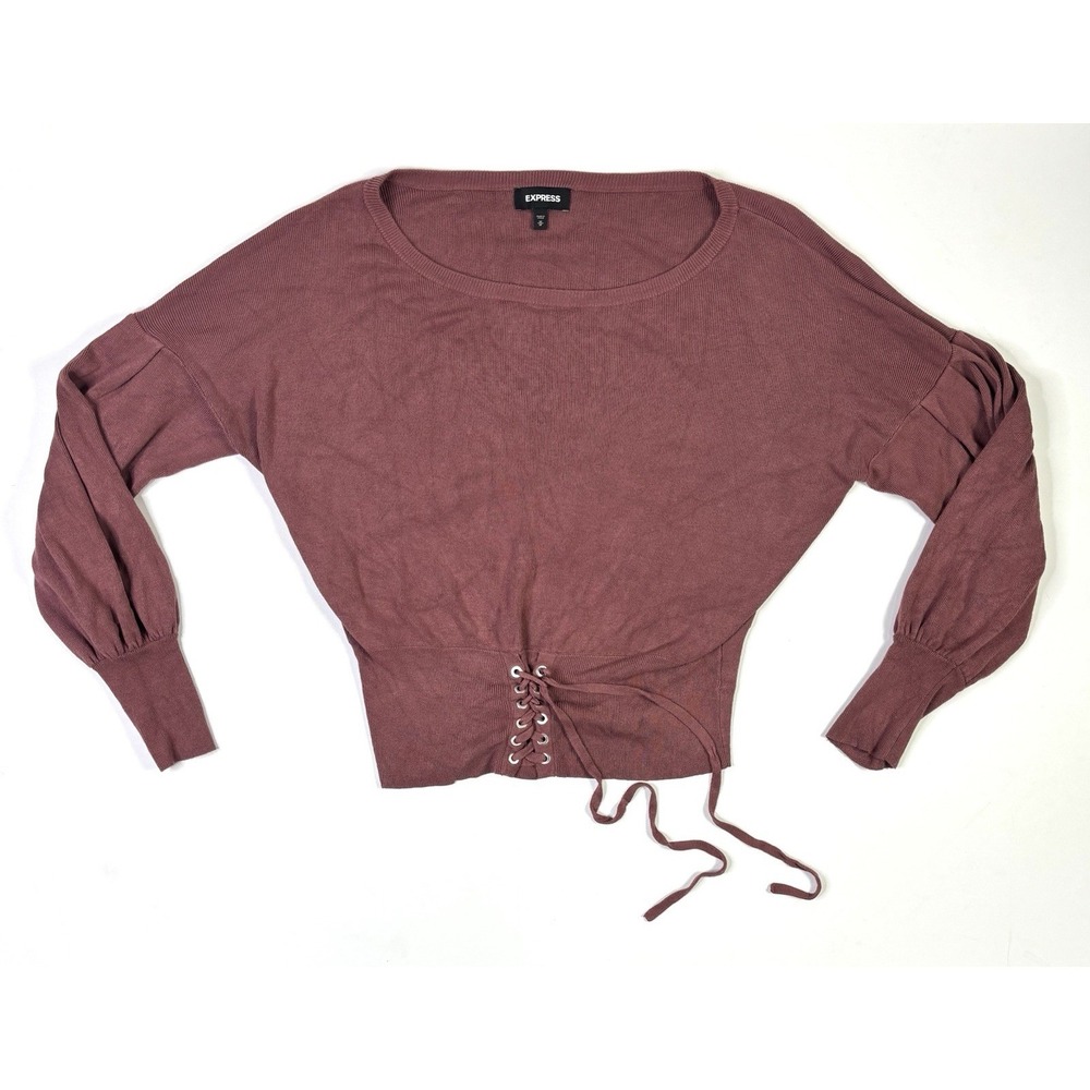Express Top Women's Medium Mauve Lace Up Waist Long Sleeve Knit Blouse Boho